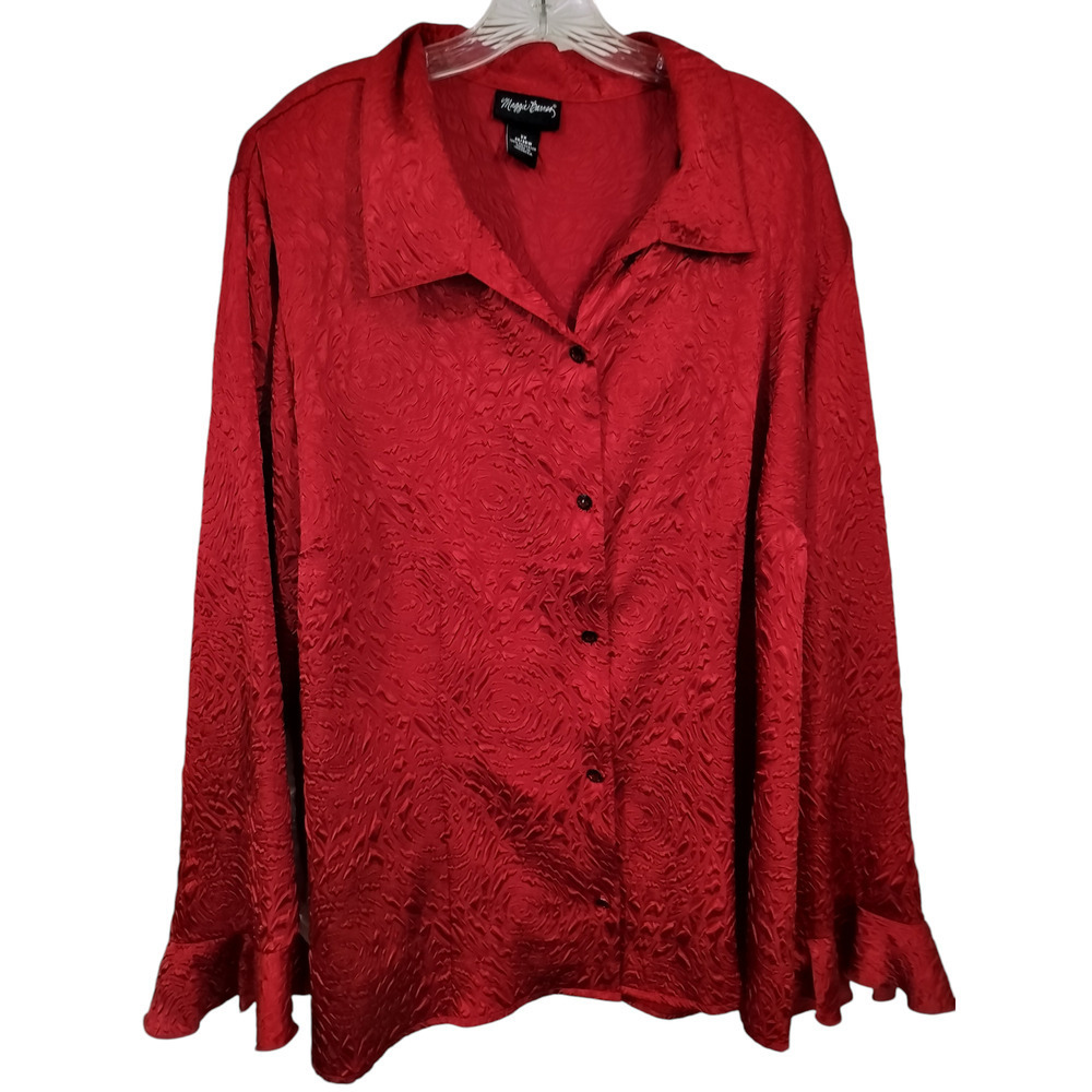 3223) Maggie Barnes Red Textured Satin Button Down Long Sleeve Blouse 3X (26-28W